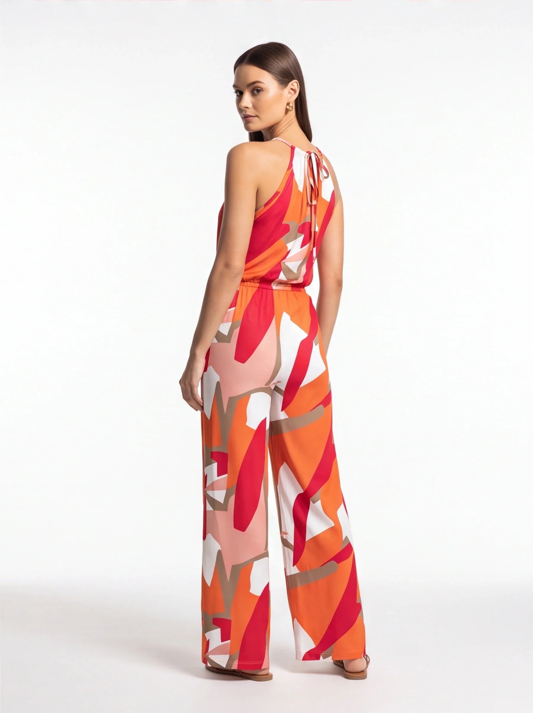 Stylish Geometric Print Halter Jumpsuit with Adjustable Straps & Pocket