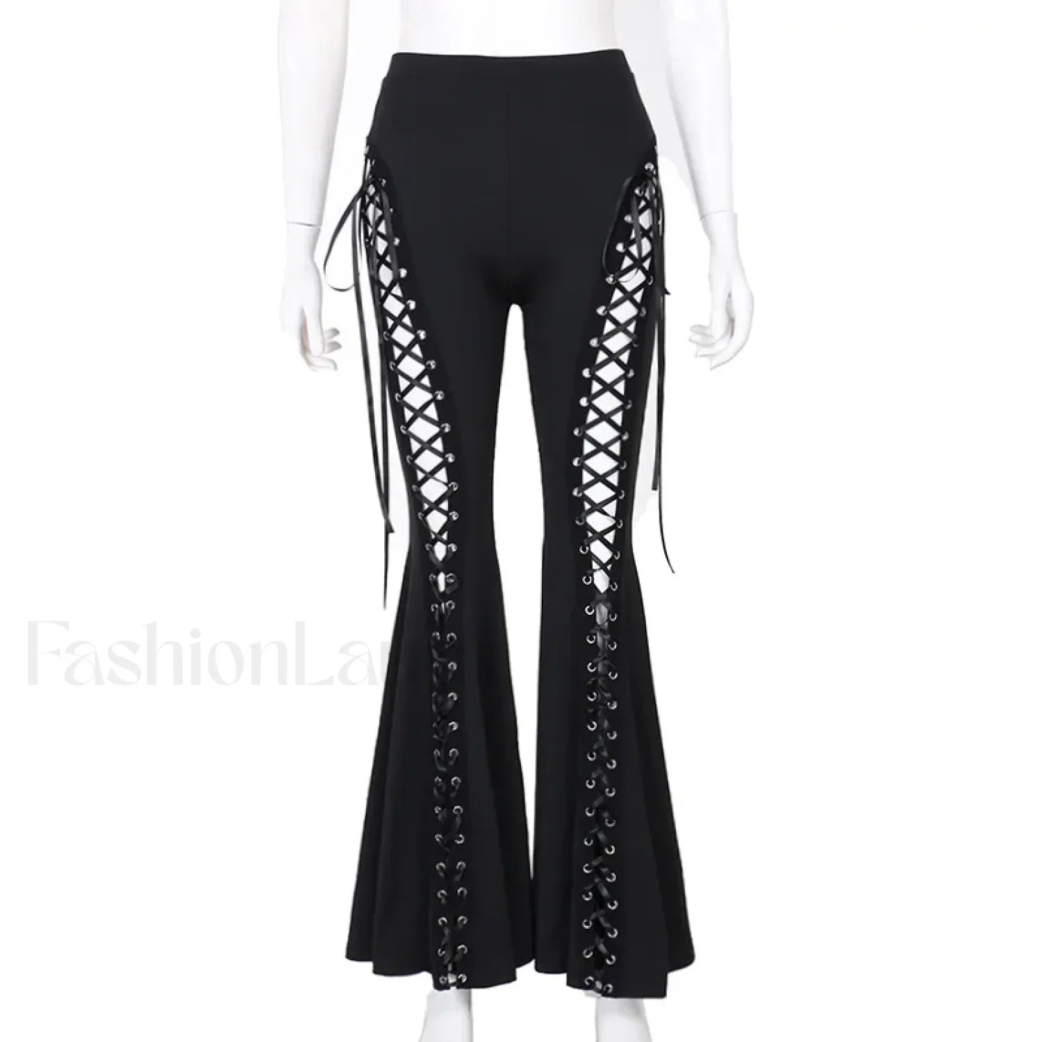 Grunge Streetwear Black Bandage Pants with Hollow Flare Design