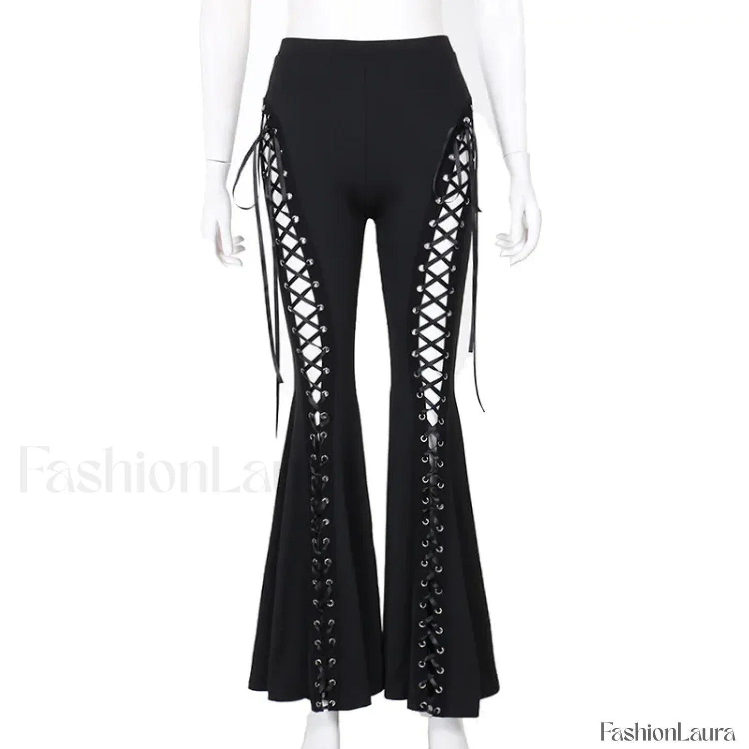Grunge Streetwear Black Bandage Pants with Hollow Flare Design