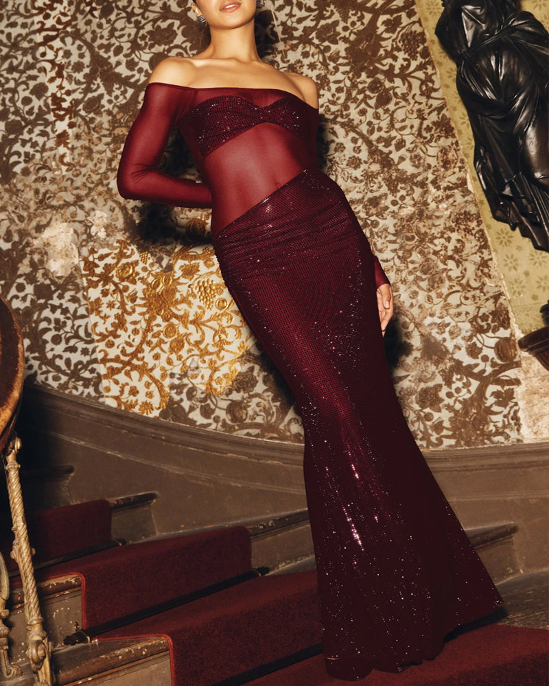 Off Shoulder Long Sleeve Sequin Mesh Maxi Dress 14