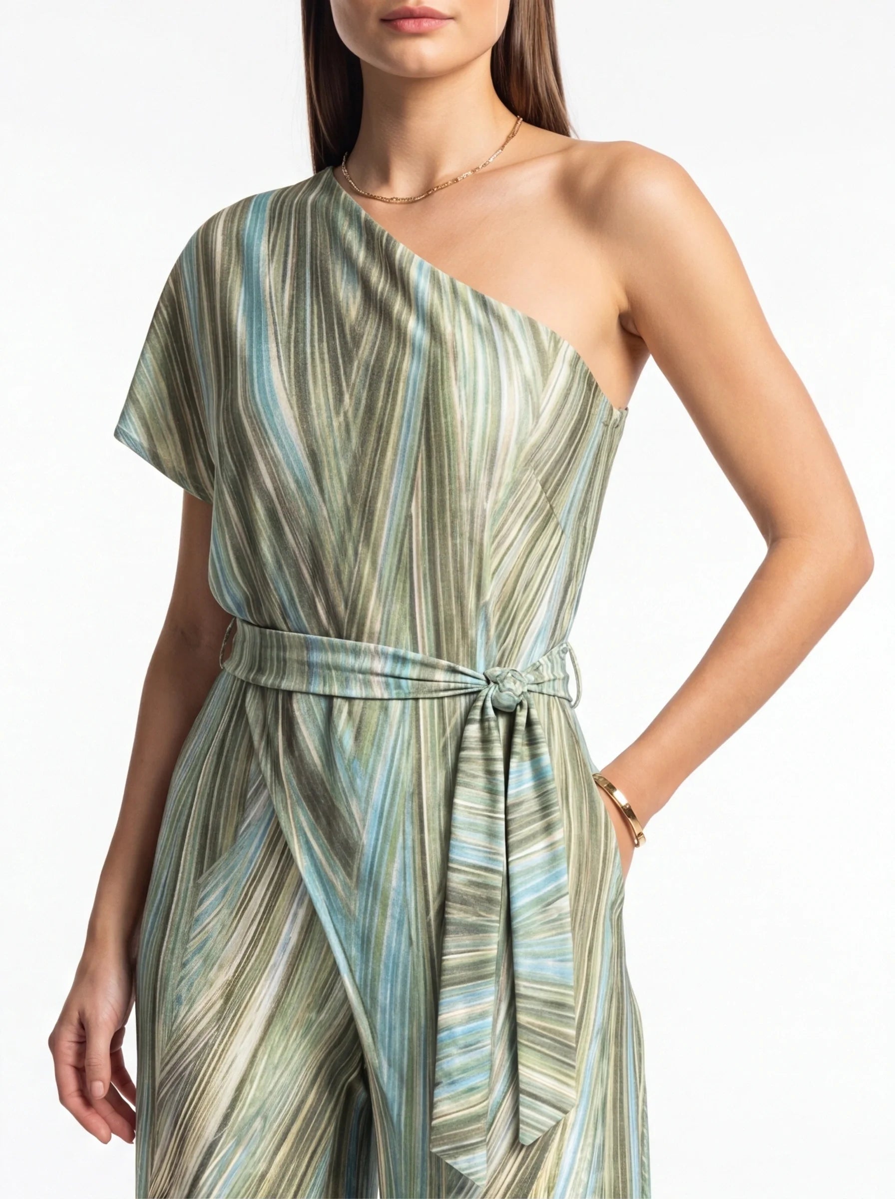 Elegant Abstract Print Wide Leg Jumpsuit with Pockets and Belted Waist