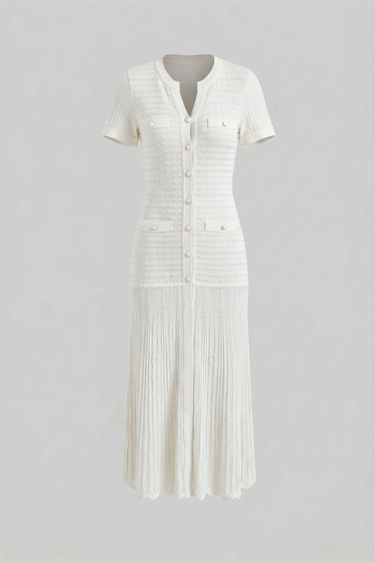 Crew Neck Flutter Sleeve Button Front Pointelle Knit Maxi Dress 2