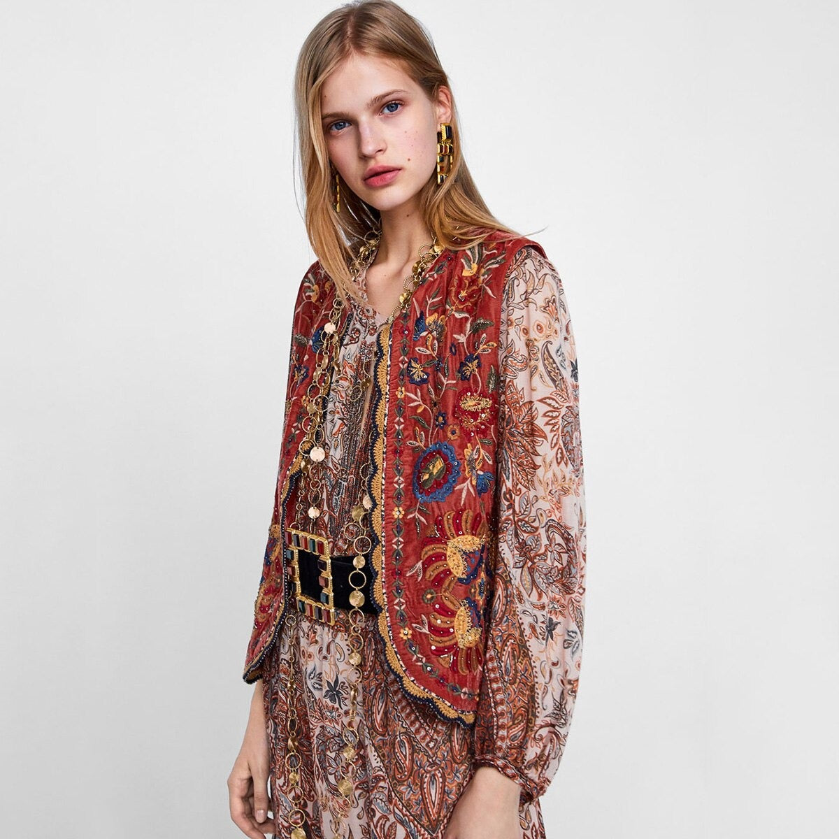 Floral Embroidered Beaded Boho Waistcoat