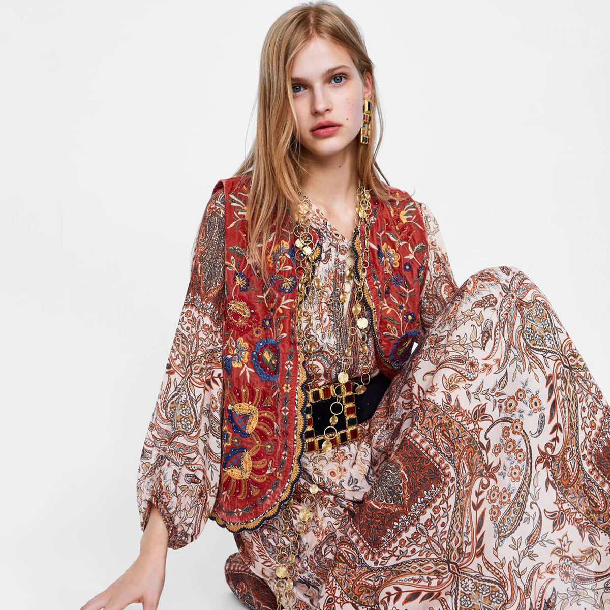 Floral Embroidered Beaded Boho Waistcoat