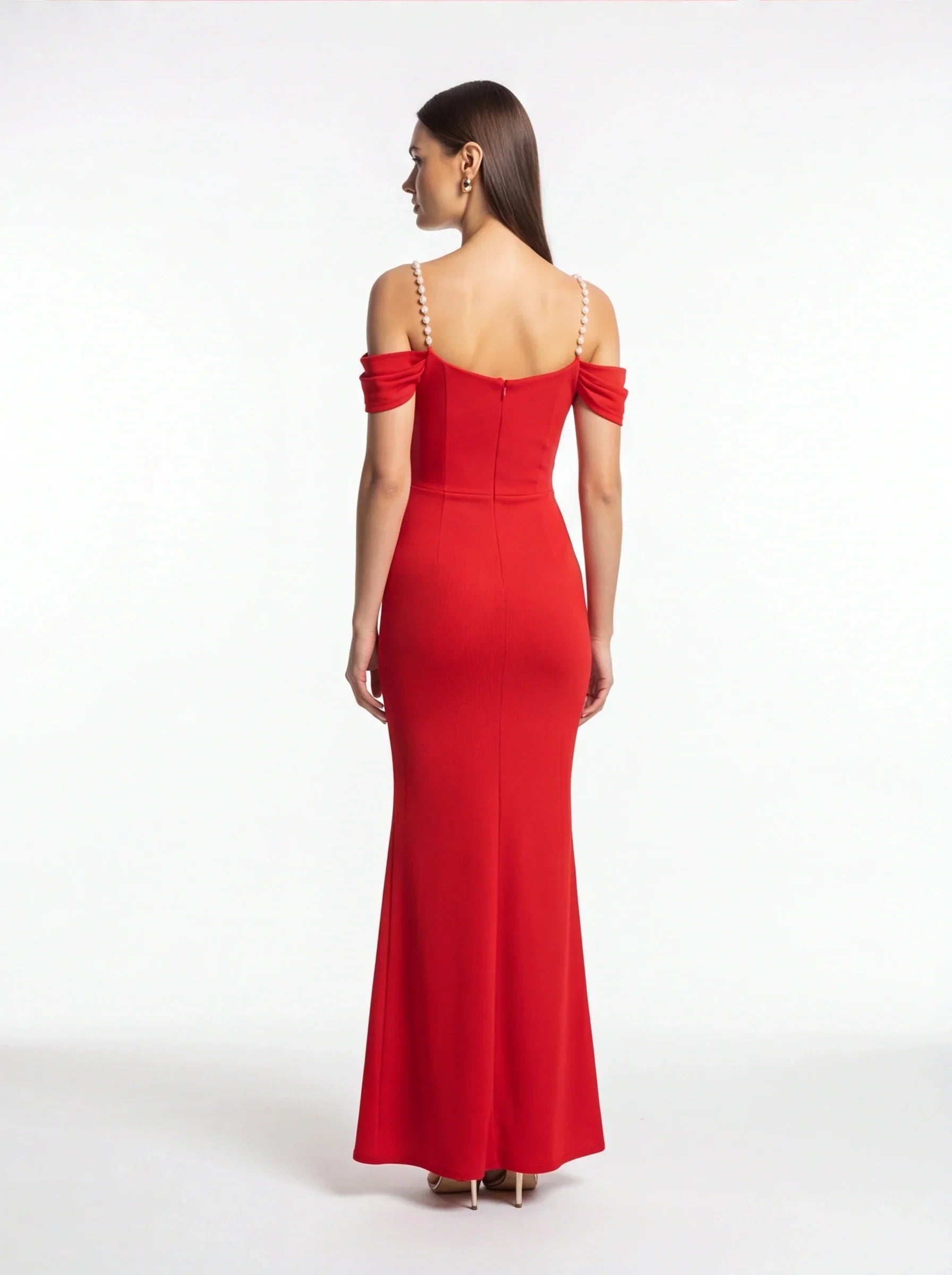 Cowl Neck Off Shoulder Pearl Strap High Split Bodycon Maxi Dress