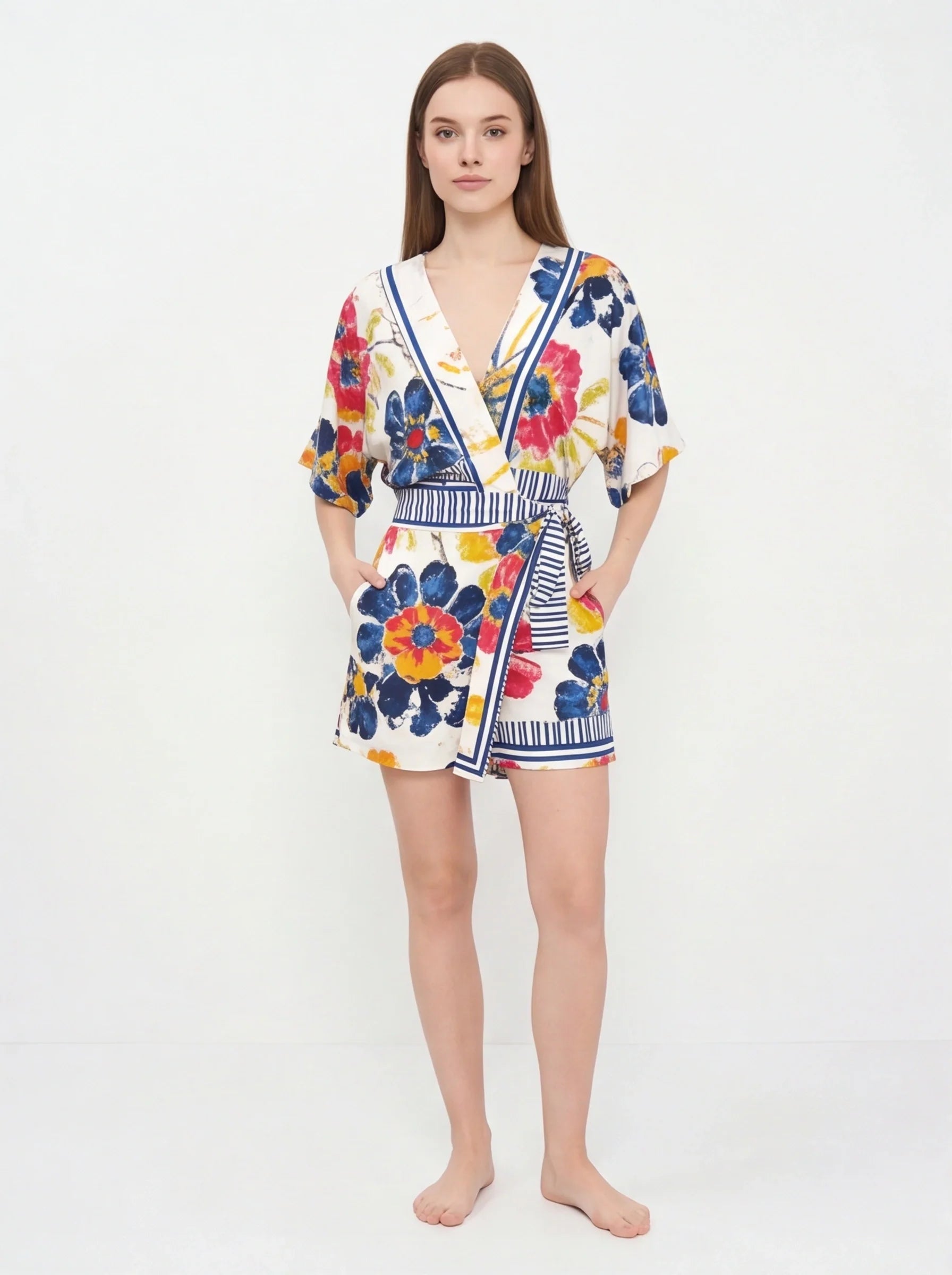 Elegant Floral Print Summer Romper with Adjustable Straps & Pockets