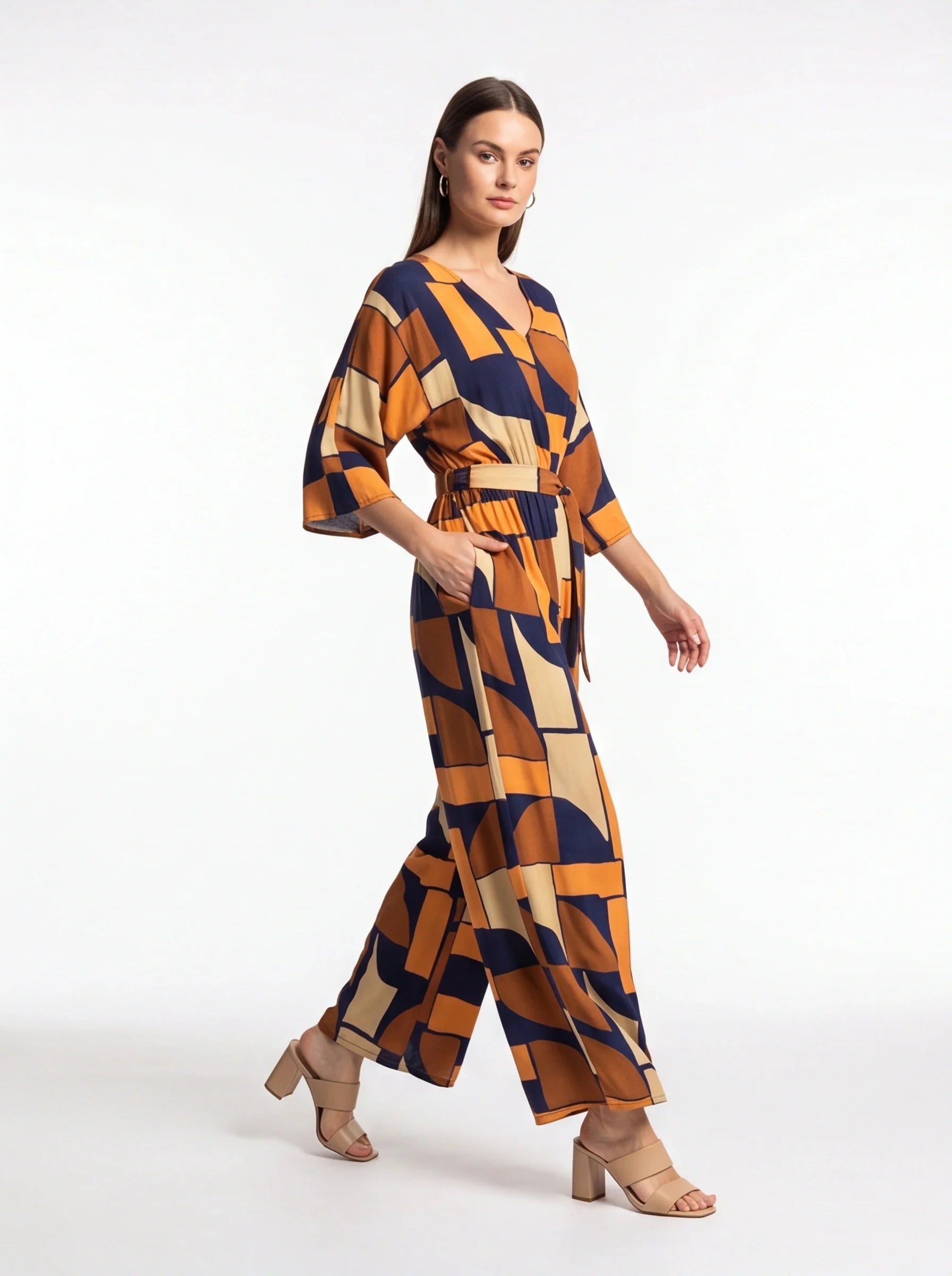 Chic Colorblock Geometric Jumpsuit with Belted Waist and Pockets