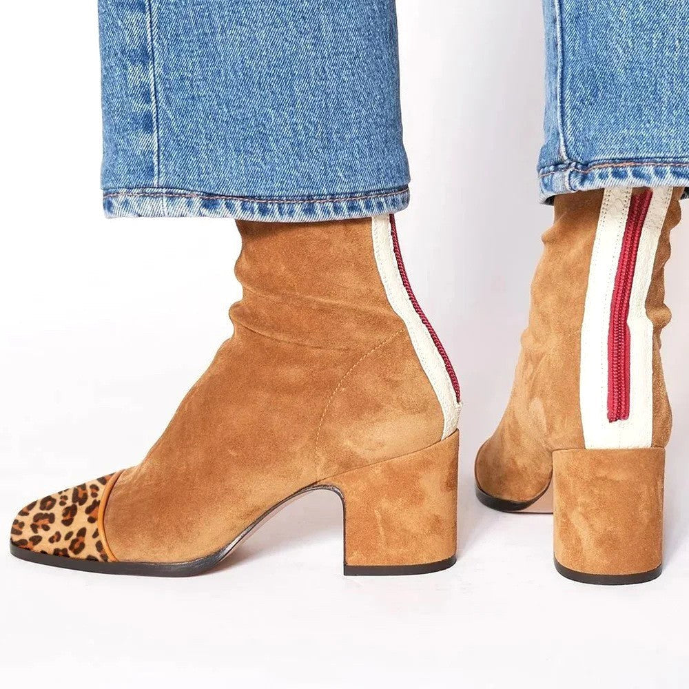 Leopard Toe Cap Block Heel Suede Ankle Boots