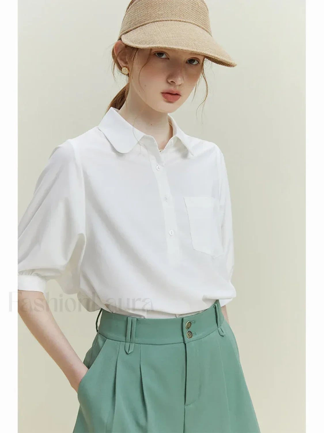 Half Sleeve Polo Neck Pocket Blouse