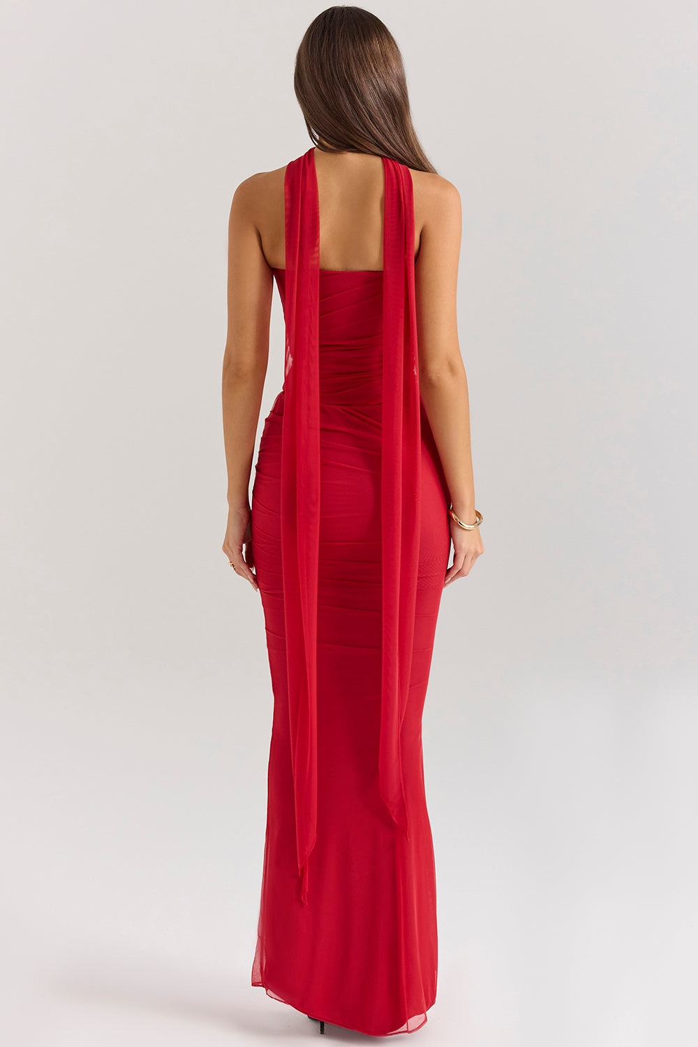 Mesh Strapless Corset Ruched Bodycon Maxi Dress with Neck Scarf 6