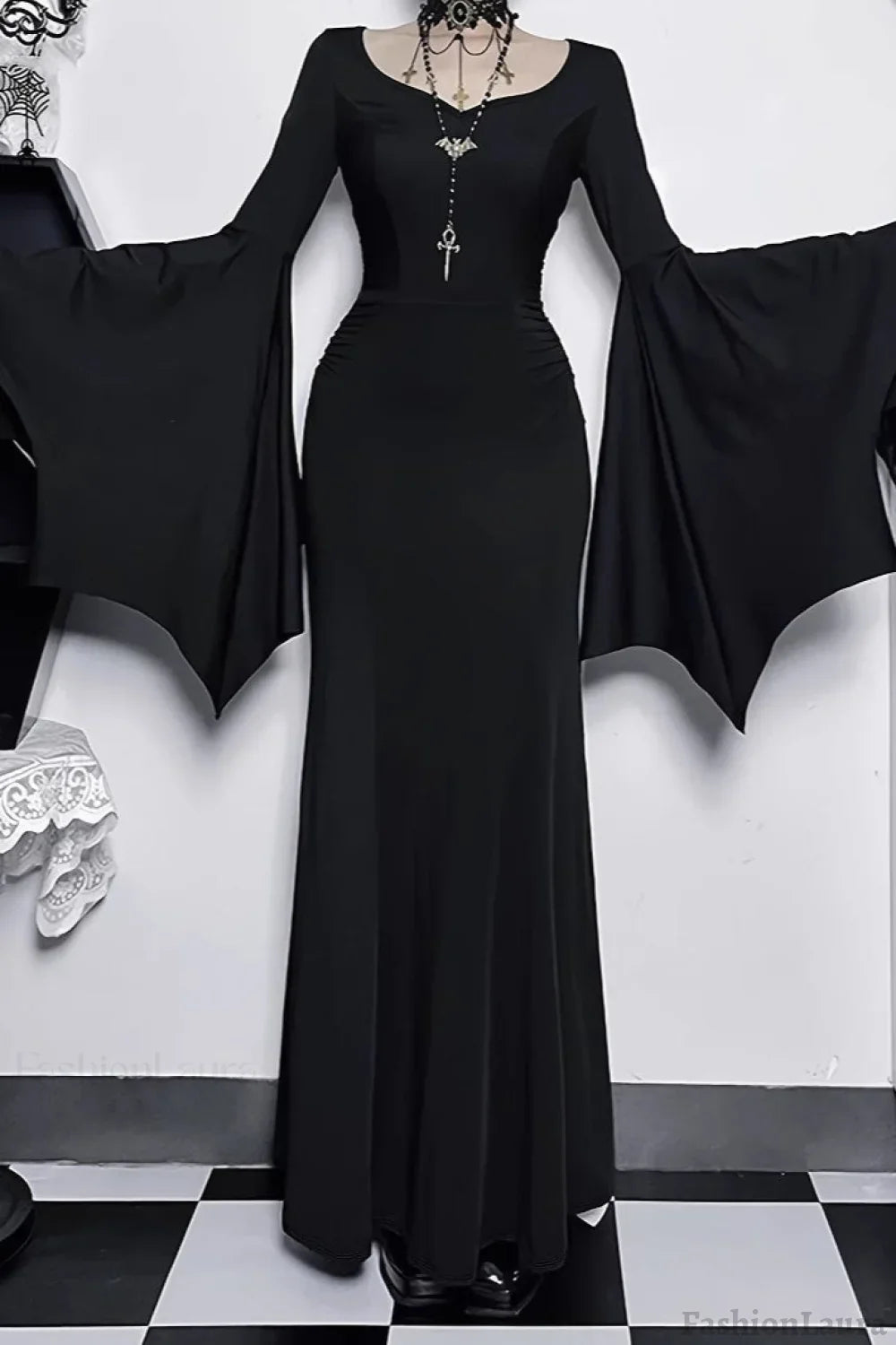 Halloween Gothic Punk Batwing Mermaid Dress Black / XS