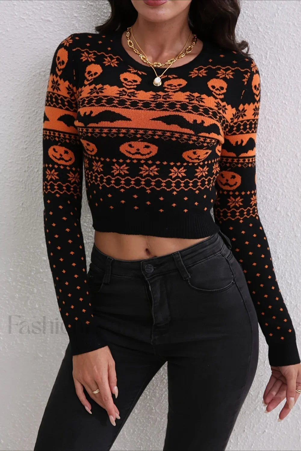 Halloween Jacquard Colorblock Sweater Orange / S