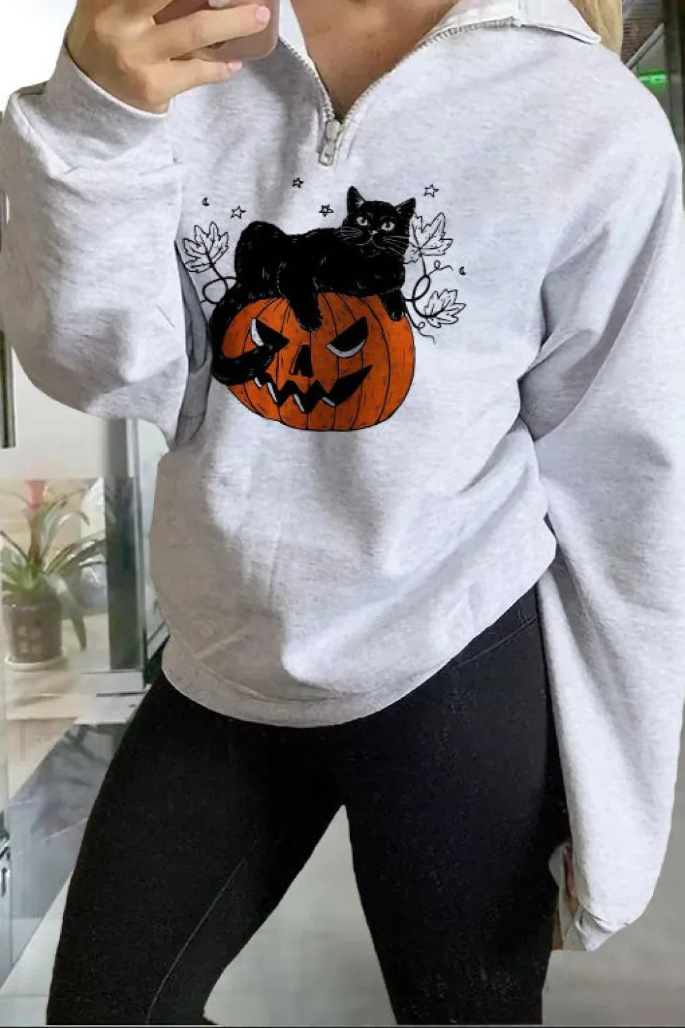 Halloween Pumpkin Cat Print Cotton Hoodie