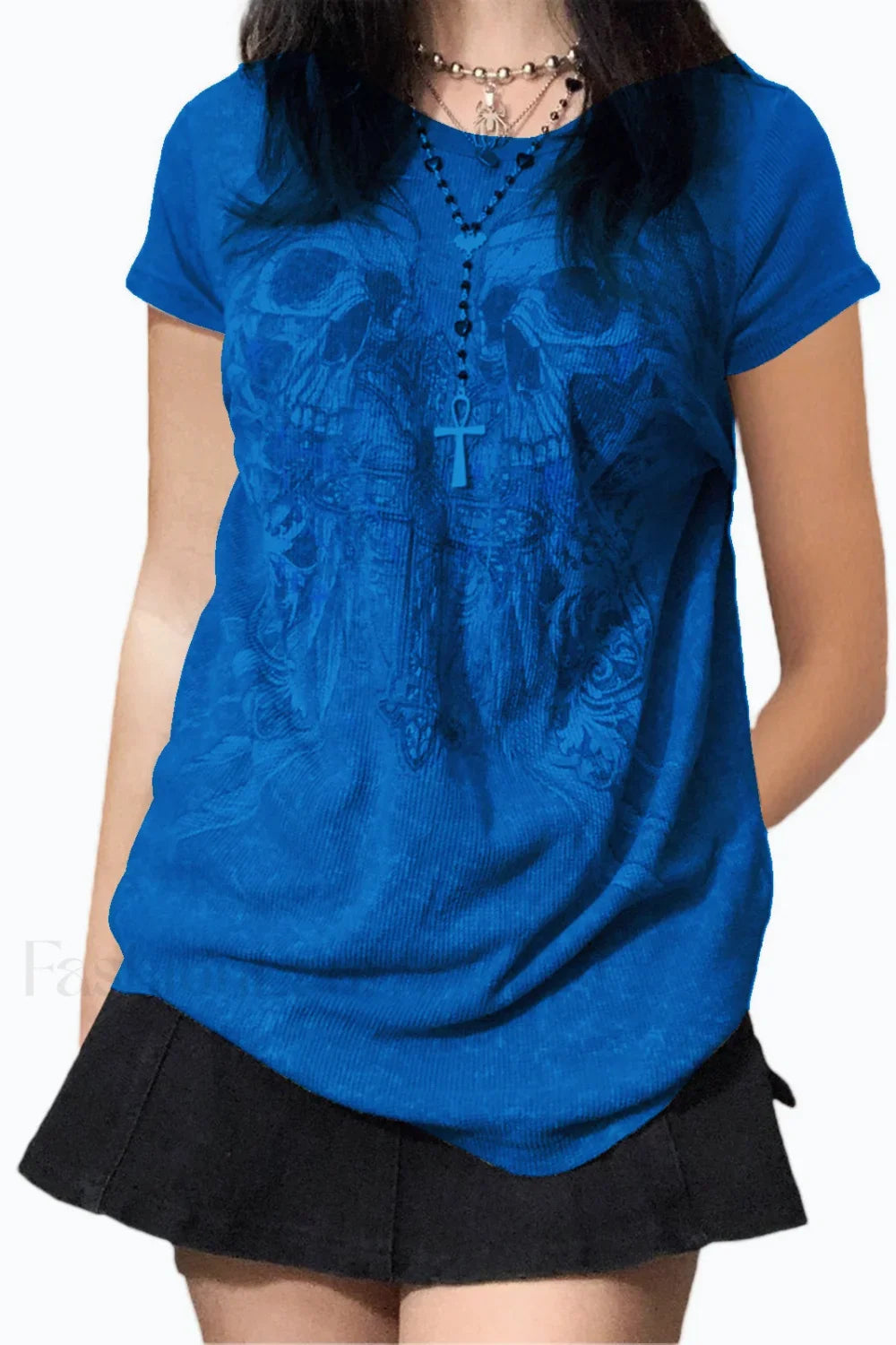 Halloween Skull Print T-Shirt Blue / S