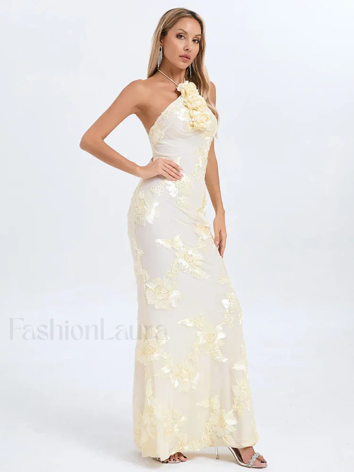 Halter 3D Flower Lace Maxi Dress