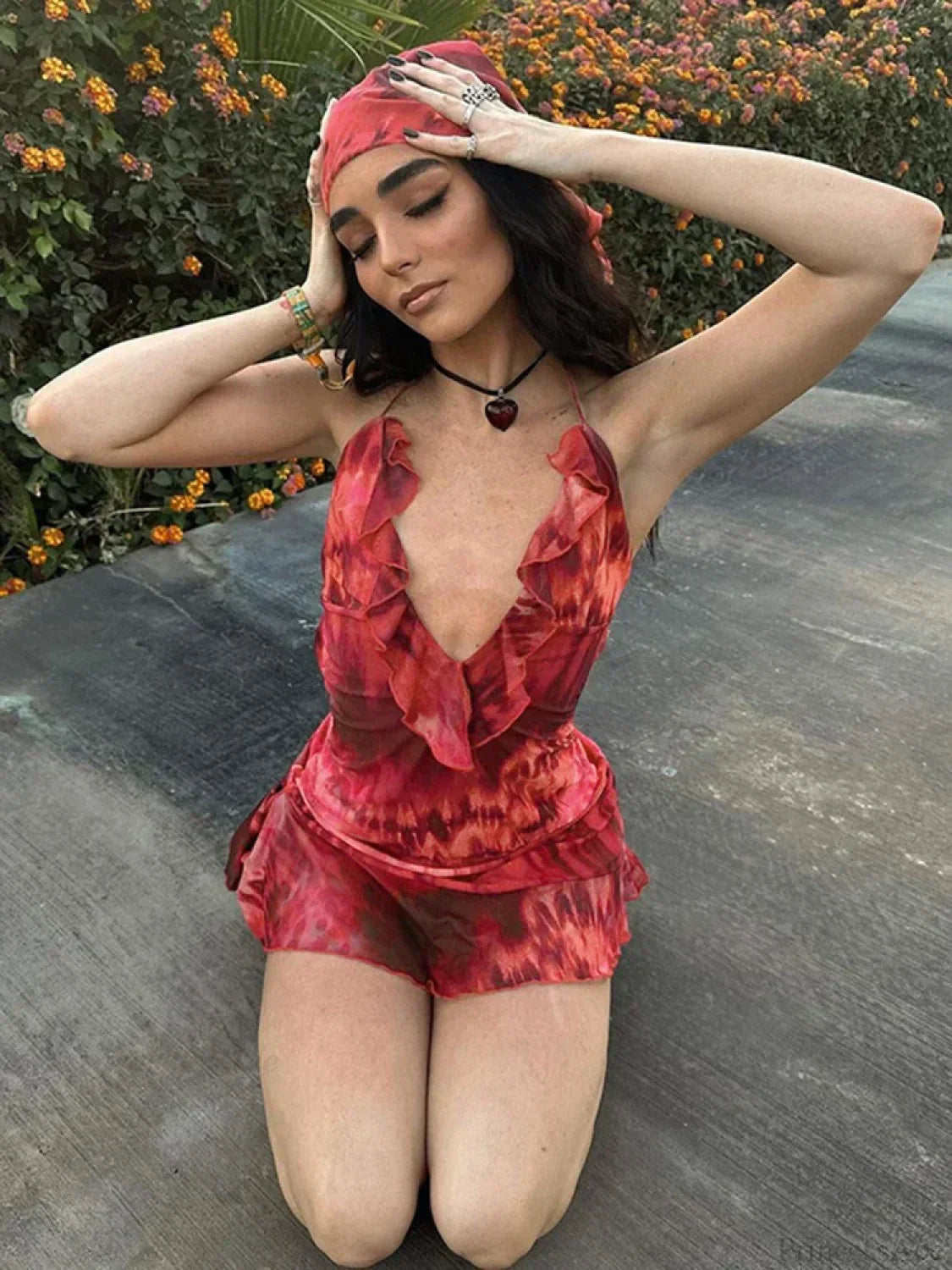 Tie Dye Mesh Halter Deep V-Neck Ruffle Mini Dress