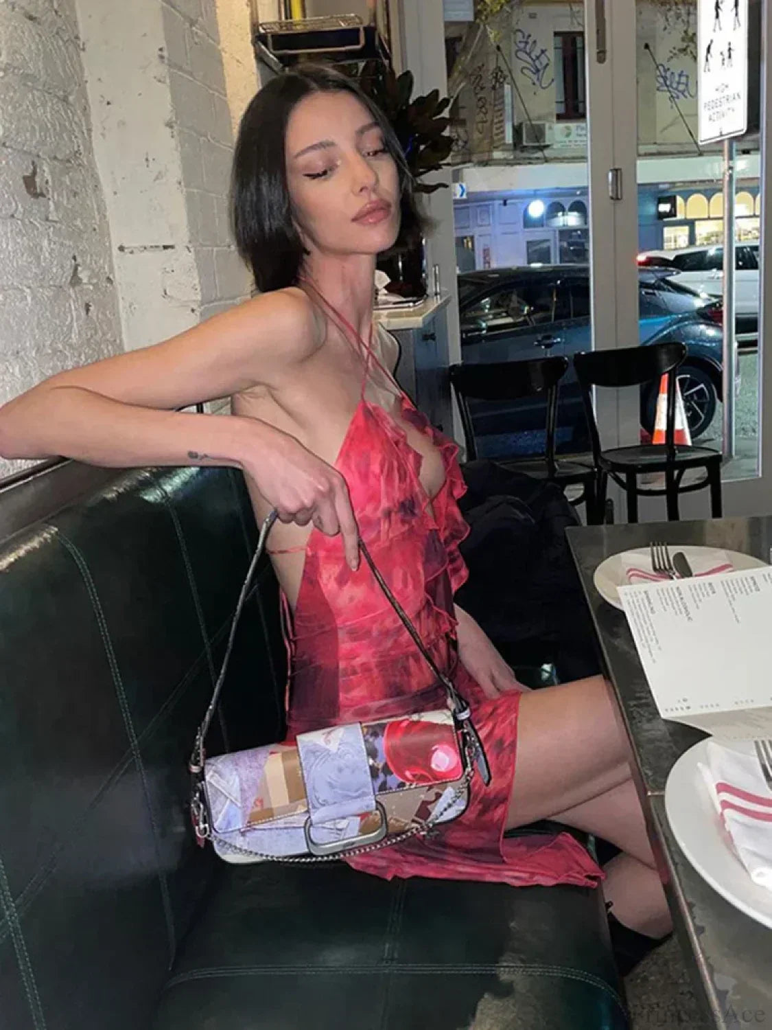 Tie Dye Mesh Halter Deep V-Neck Ruffle Mini Dress