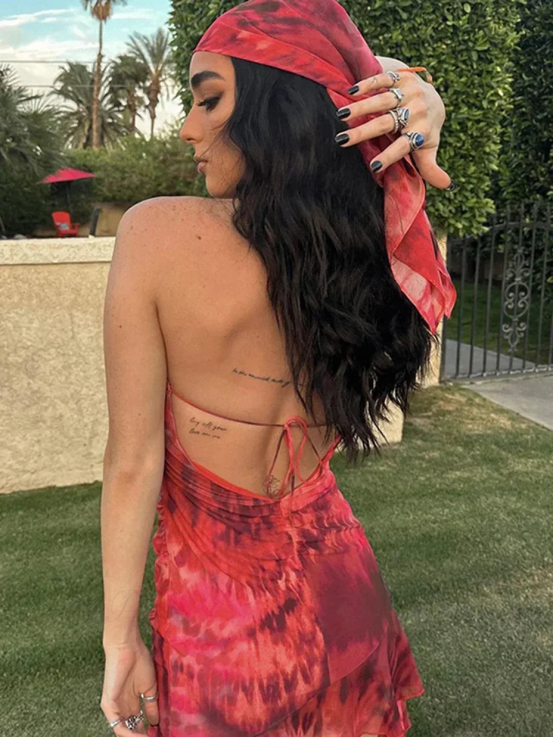 Tie Dye Mesh Halter Deep V-Neck Ruffle Mini Dress
