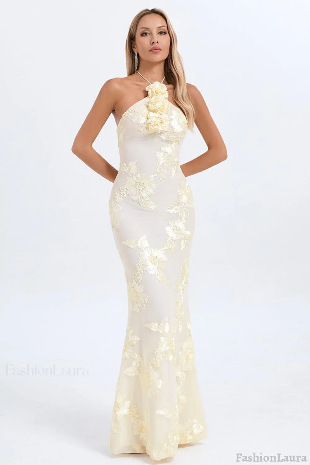 Halter Floral Foil Print Maxi Dress XS / White