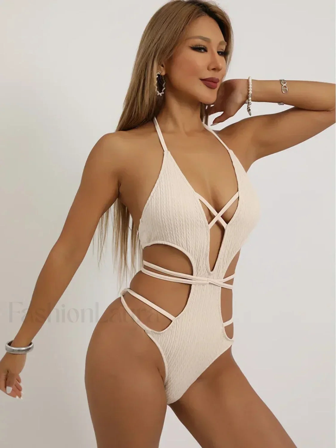 Halter Hollow Out Lace Up One Piece