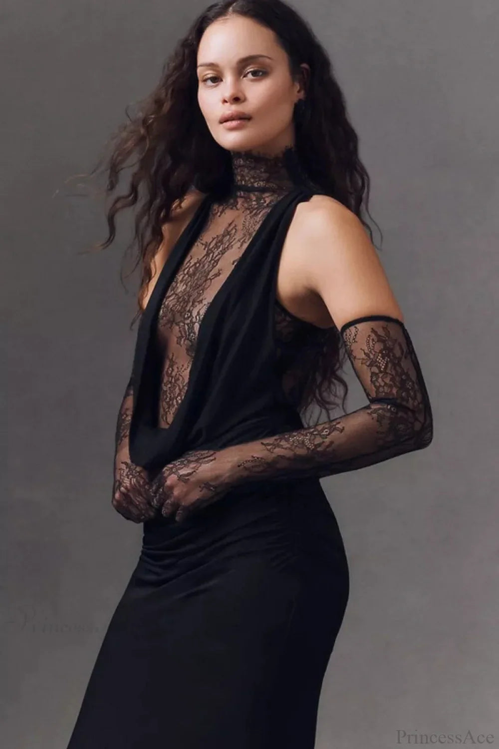 Halter Lace Paneled Deep V Ruched Wedding Dress Black / XS