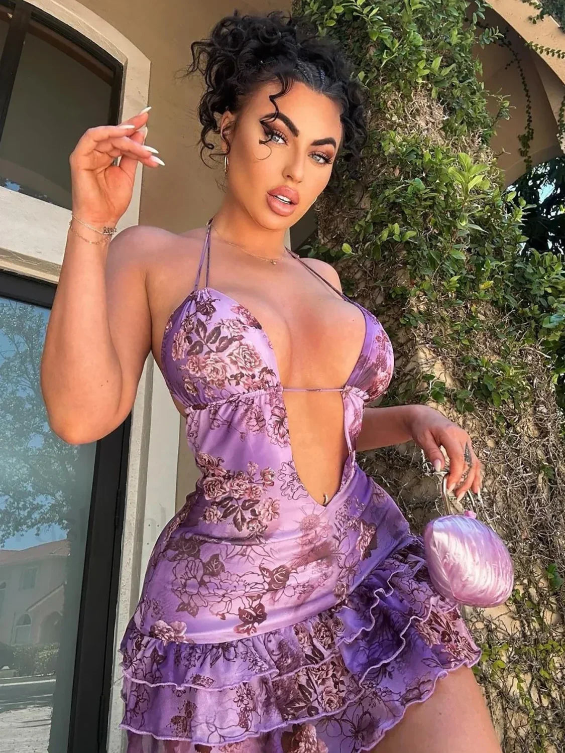 Halter Lace-Up Mini Floral Dress