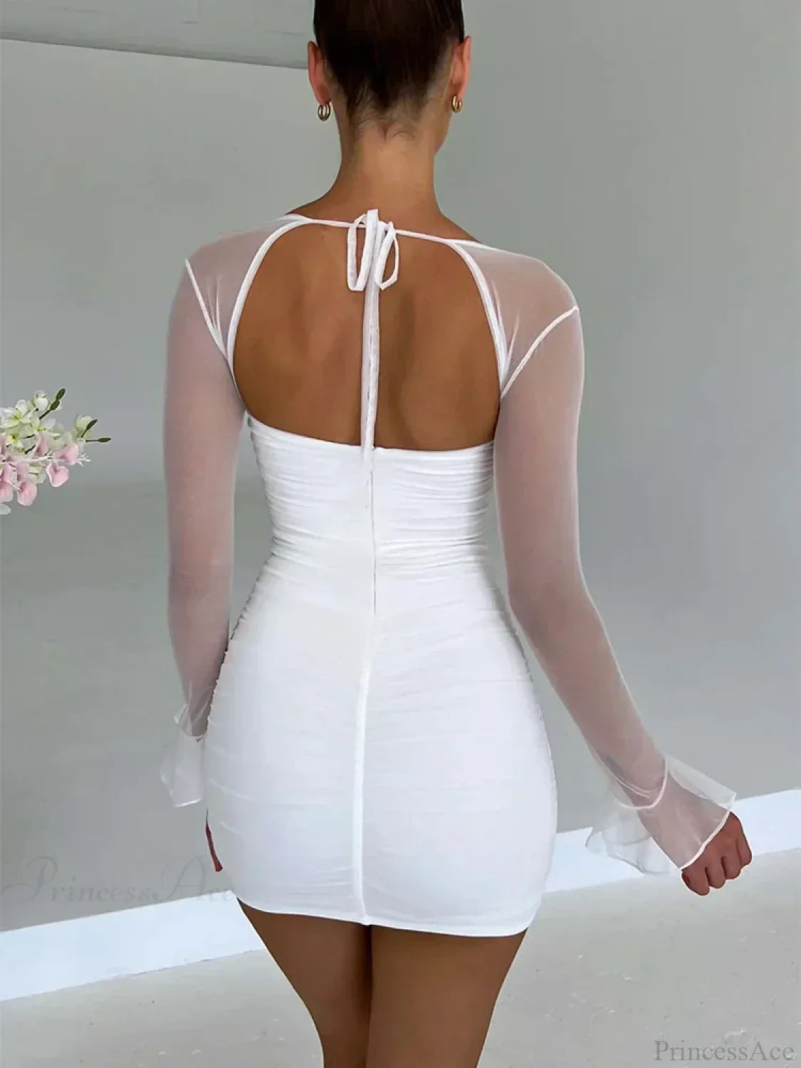 Mesh Halter Neck Long Sleeve Ruched Bodycon Mini Dress