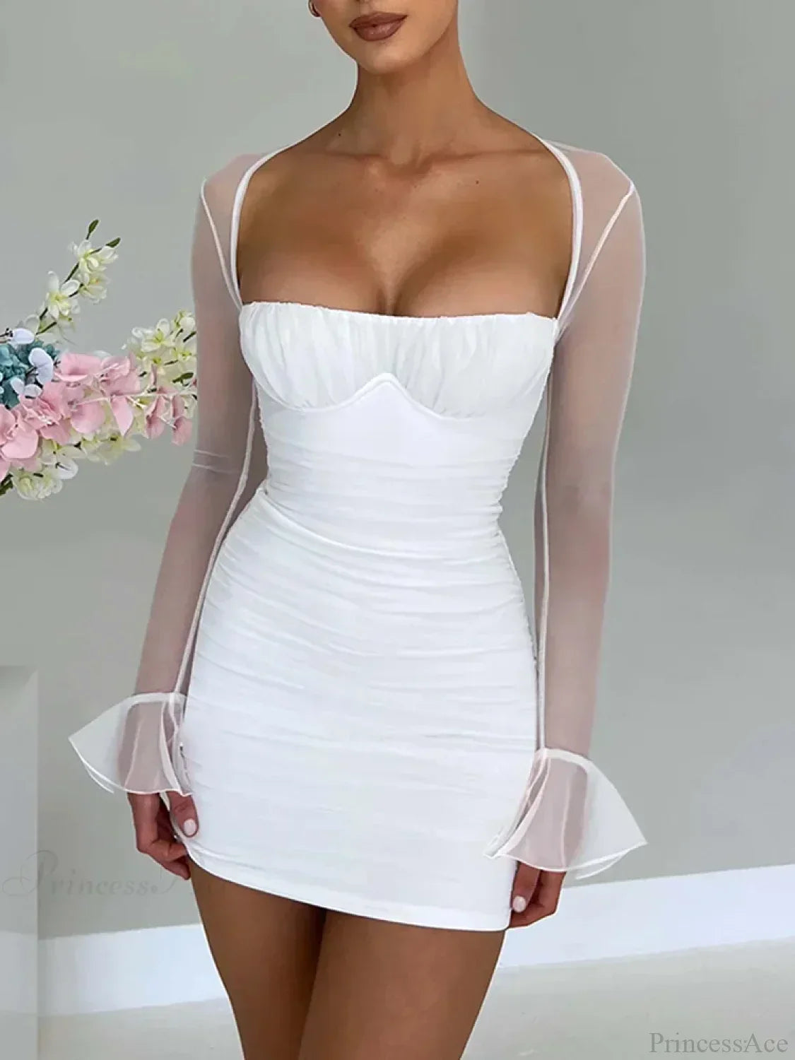 Mesh Halter Neck Long Sleeve Ruched Bodycon Mini Dress