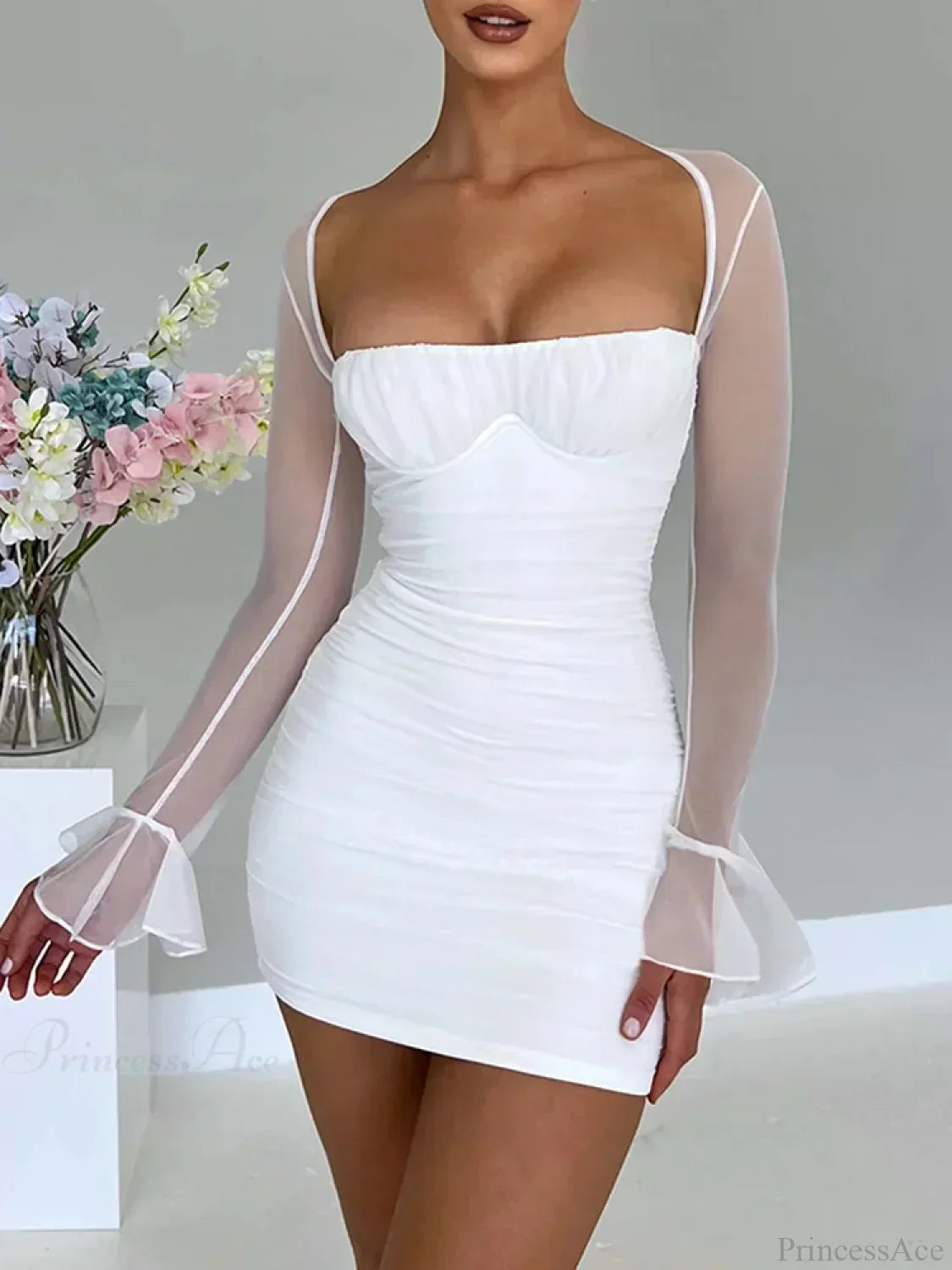 Mesh Halter Neck Long Sleeve Ruched Bodycon Mini Dress