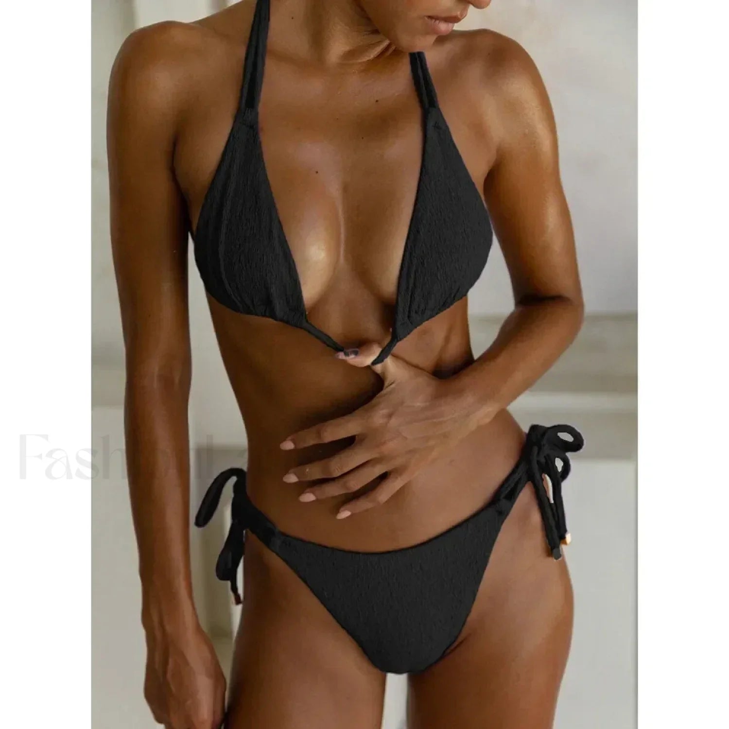 Halter Neck Tie Bikini Set Black / S
