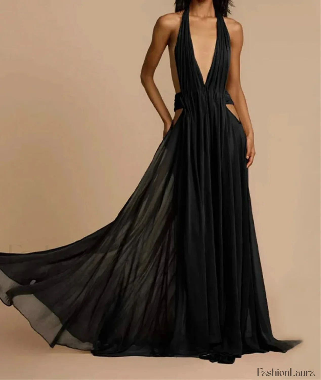 Halter Pleated Cut Out Maxi Dress