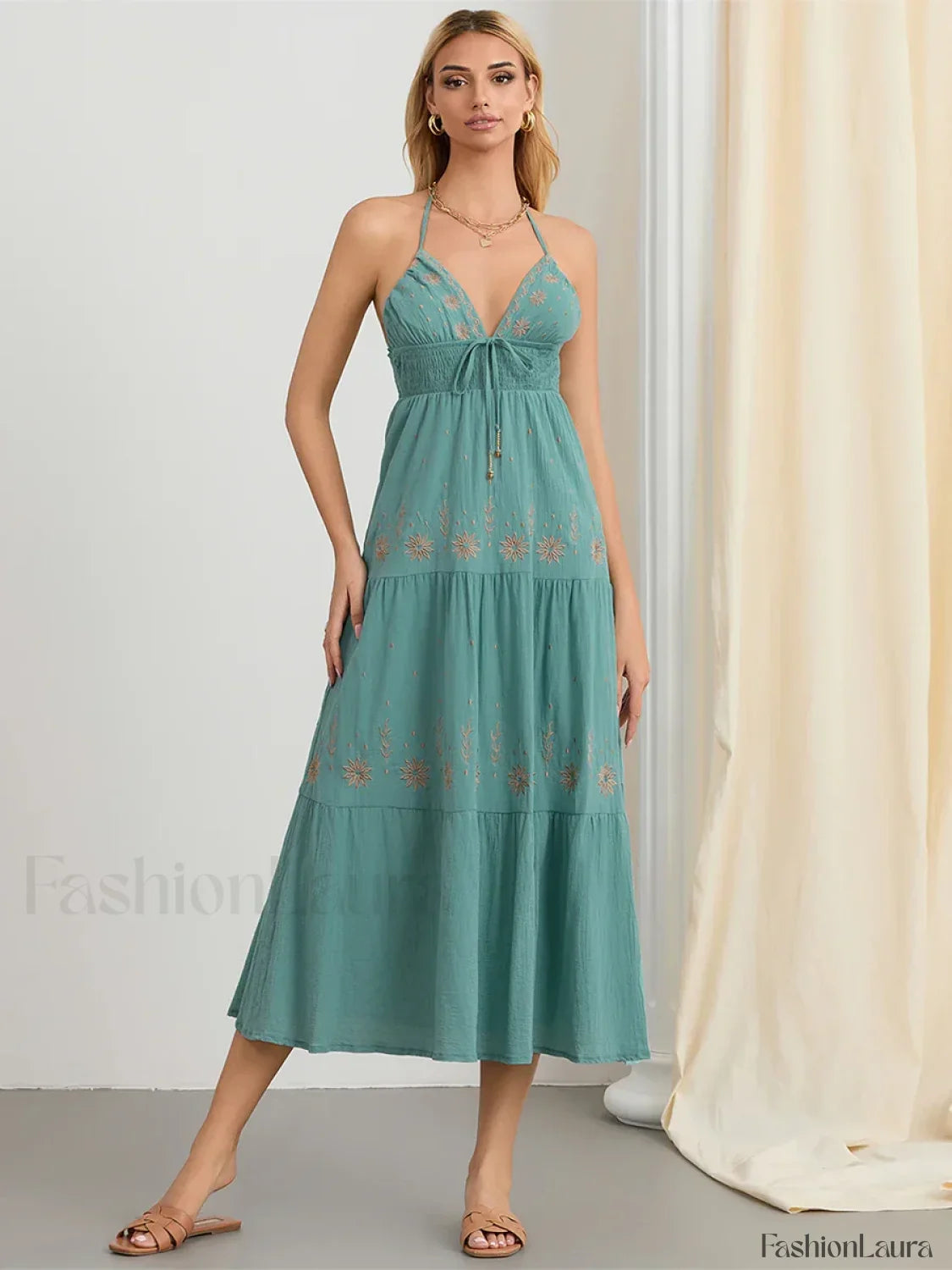 Halter Tie-Up Embroidered Boho Dress