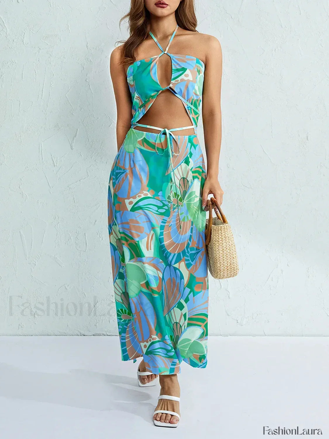 Halterneck Floral Slit Maxi Dress
