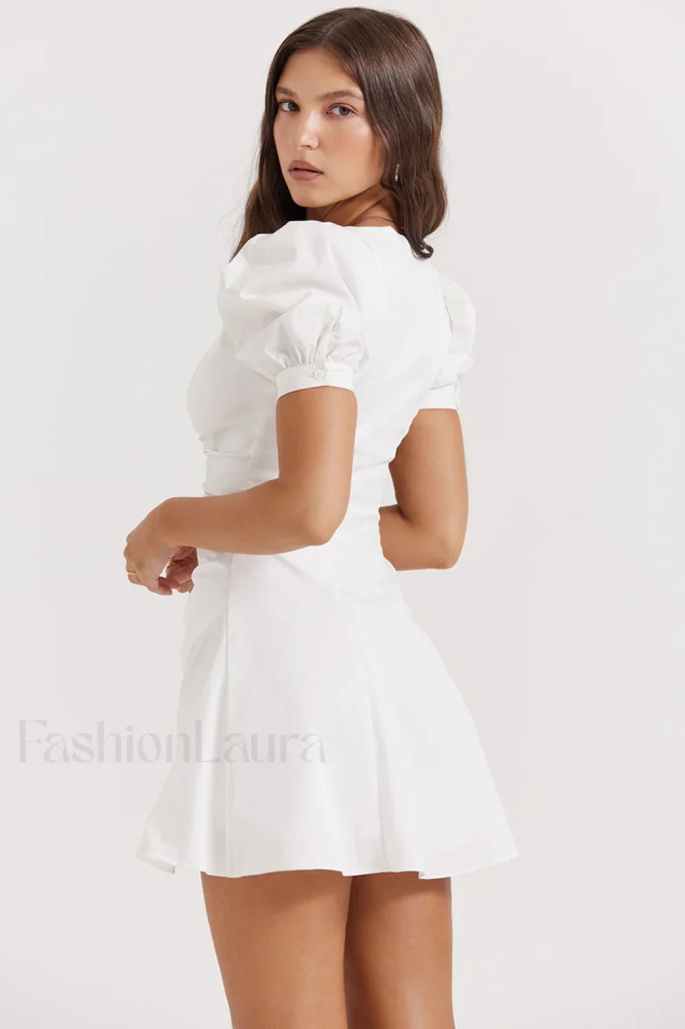Hameda White Puff Charming Sleeve Mini Dress