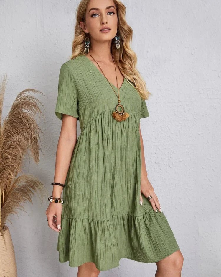 V-Neck Lace Trim Crinkle Texture Short Sleeve Empire Waist Tiered Ruffle Mini Dress
