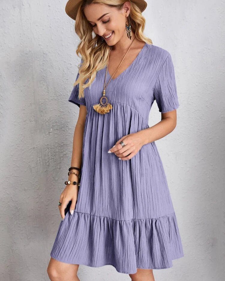 V-Neck Lace Trim Crinkle Texture Short Sleeve Empire Waist Tiered Ruffle Mini Dress