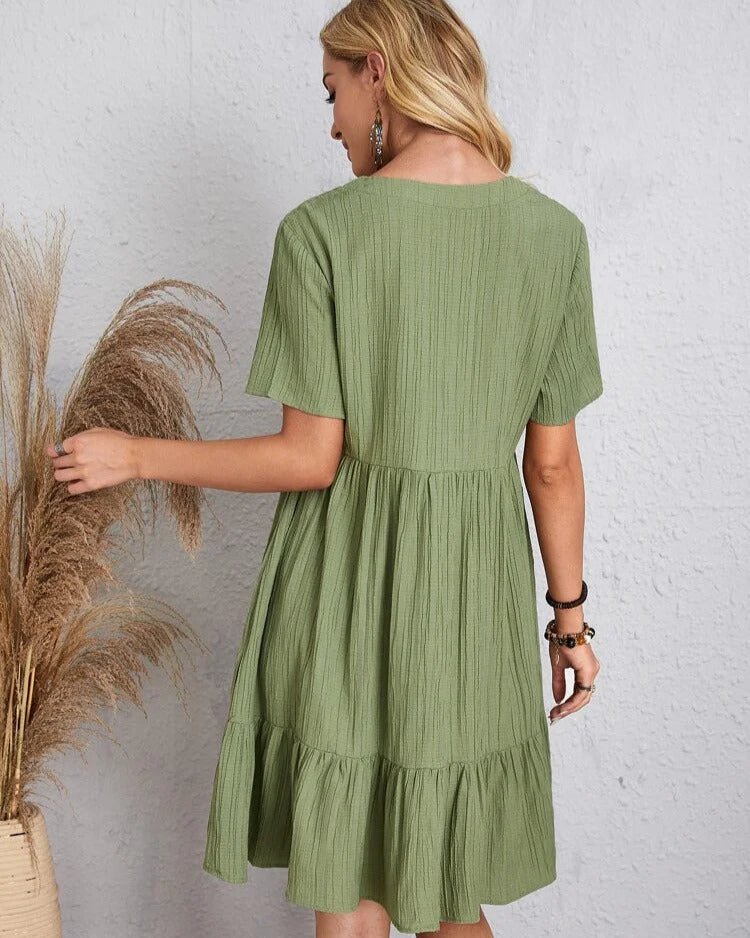 V-Neck Lace Trim Crinkle Texture Short Sleeve Empire Waist Tiered Ruffle Mini Dress