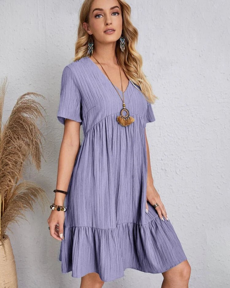 V-Neck Lace Trim Crinkle Texture Short Sleeve Empire Waist Tiered Ruffle Mini Dress