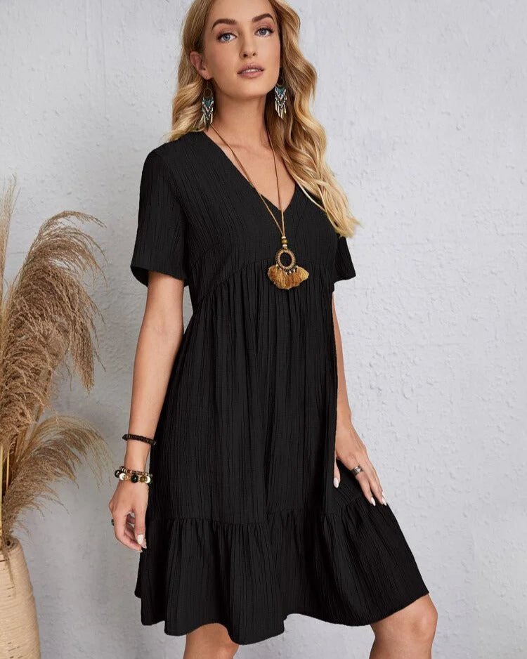 V-Neck Lace Trim Crinkle Texture Short Sleeve Empire Waist Tiered Ruffle Mini Dress