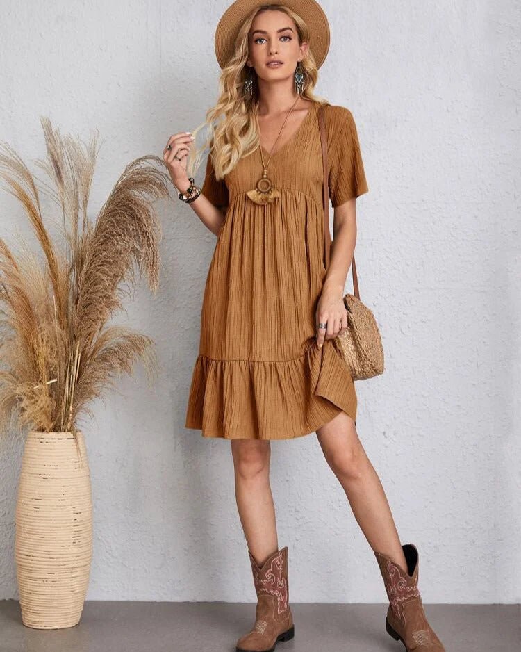 V-Neck Lace Trim Crinkle Texture Short Sleeve Empire Waist Tiered Ruffle Mini Dress