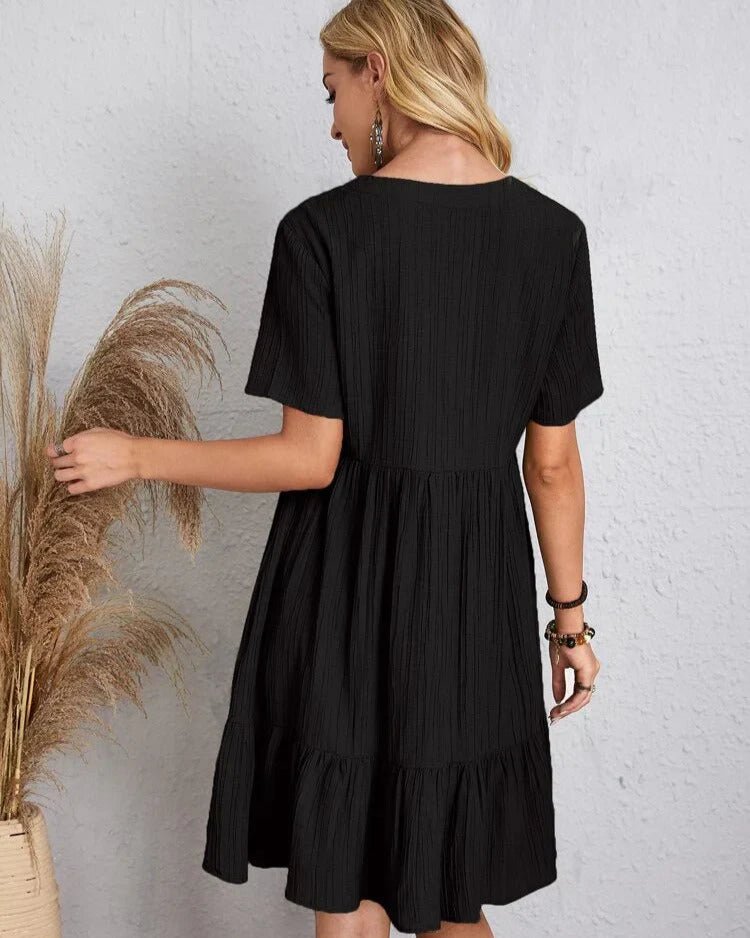 V-Neck Lace Trim Crinkle Texture Short Sleeve Empire Waist Tiered Ruffle Mini Dress