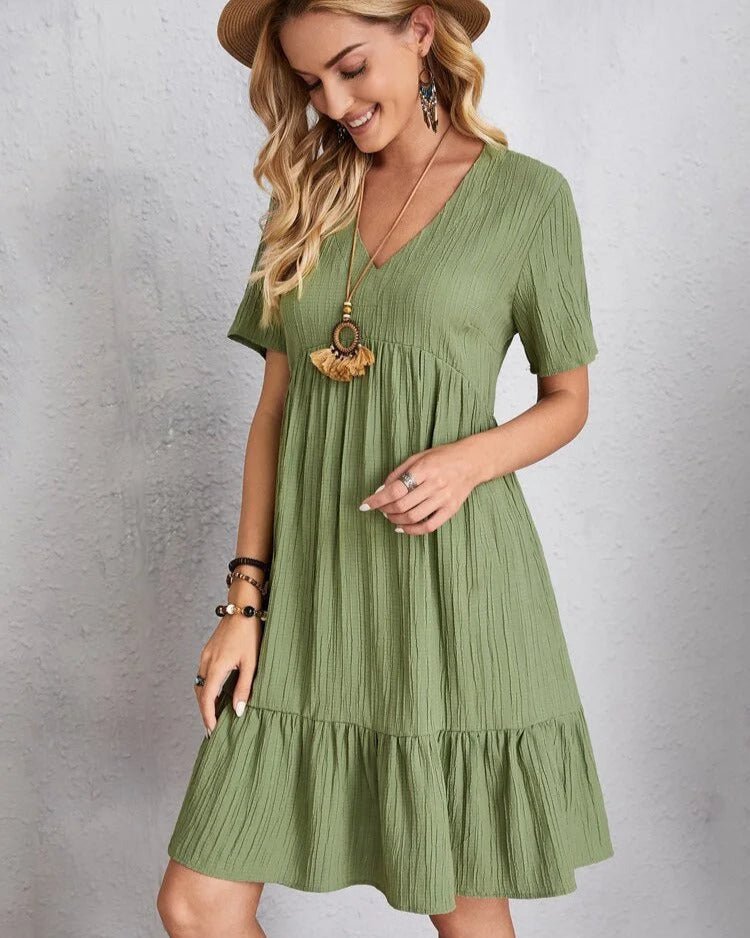 V-Neck Lace Trim Crinkle Texture Short Sleeve Empire Waist Tiered Ruffle Mini Dress
