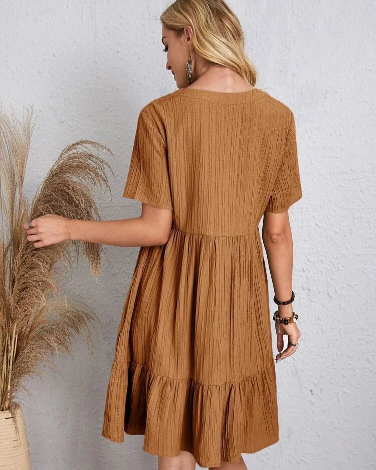V-Neck Lace Trim Crinkle Texture Short Sleeve Empire Waist Tiered Ruffle Mini Dress