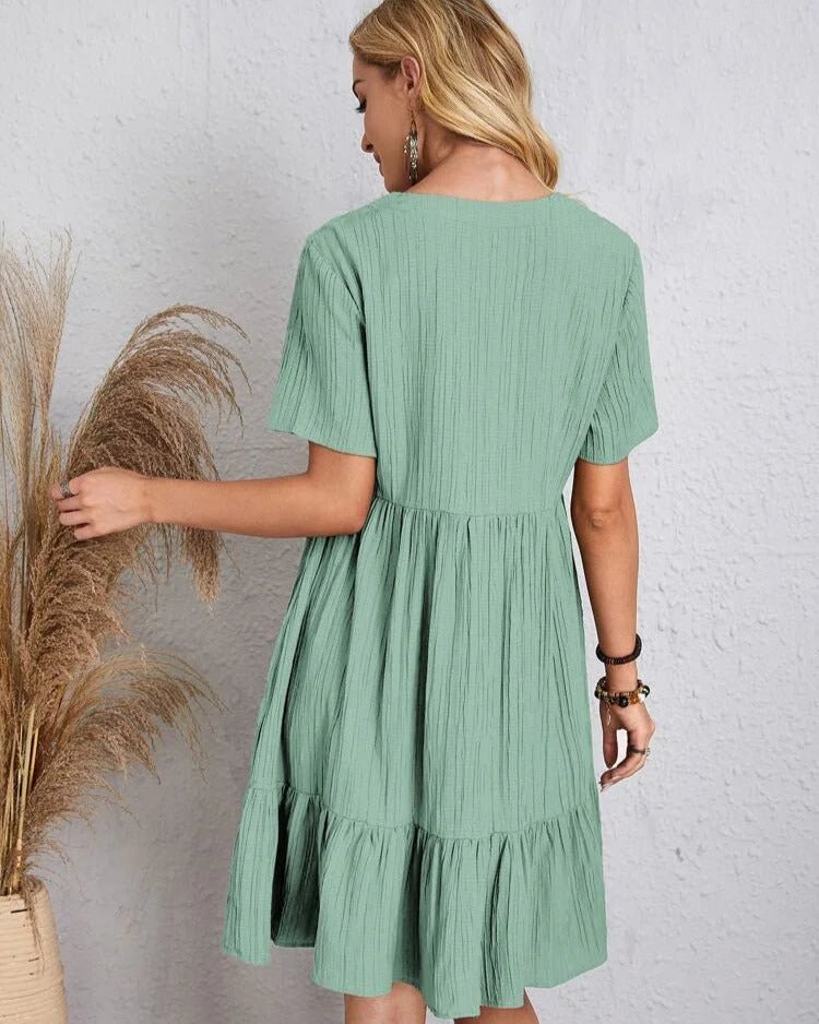 V-Neck Lace Trim Crinkle Texture Short Sleeve Empire Waist Tiered Ruffle Mini Dress
