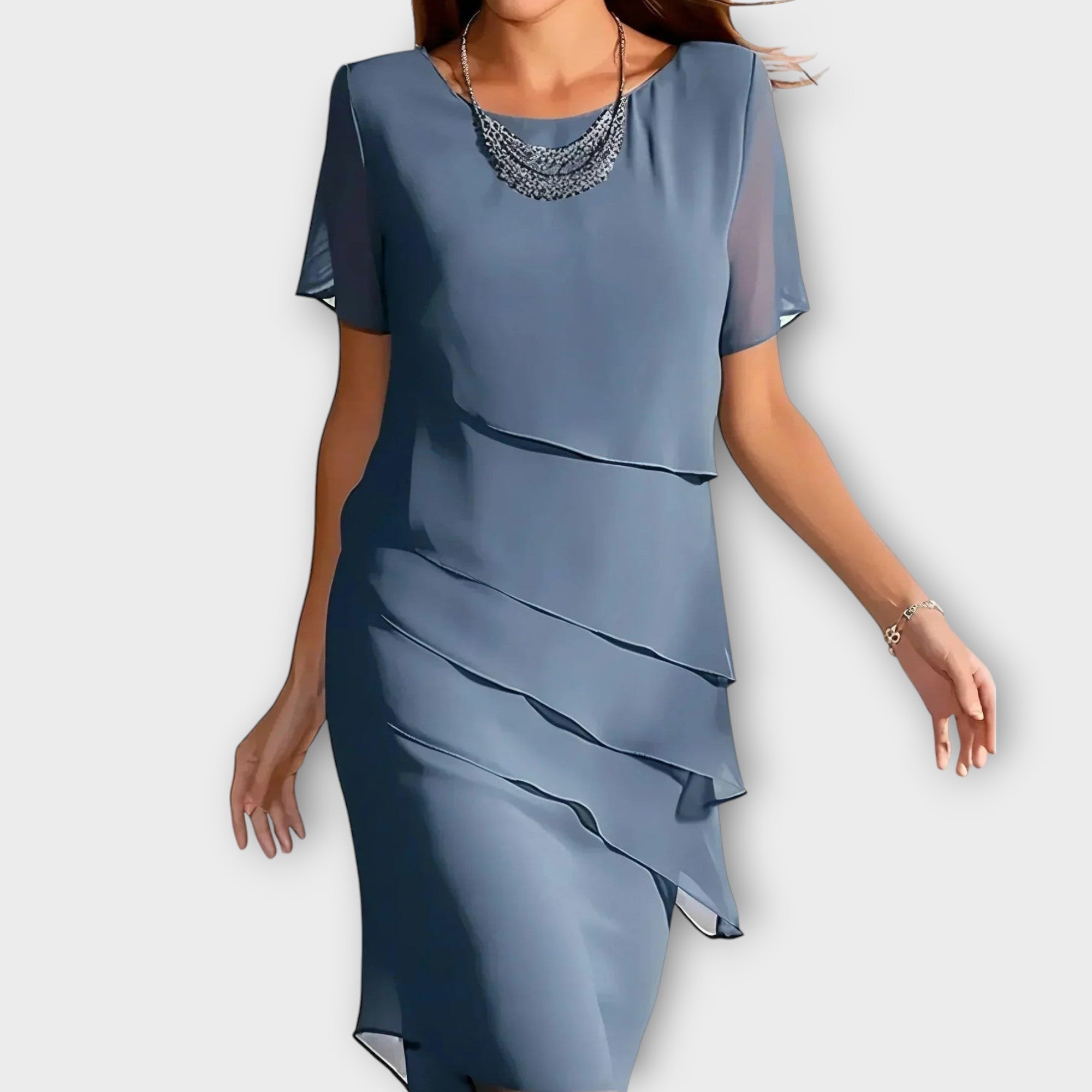 Ione - Ruffle Detail Irregular Hem Tummy Cover Dress Blue