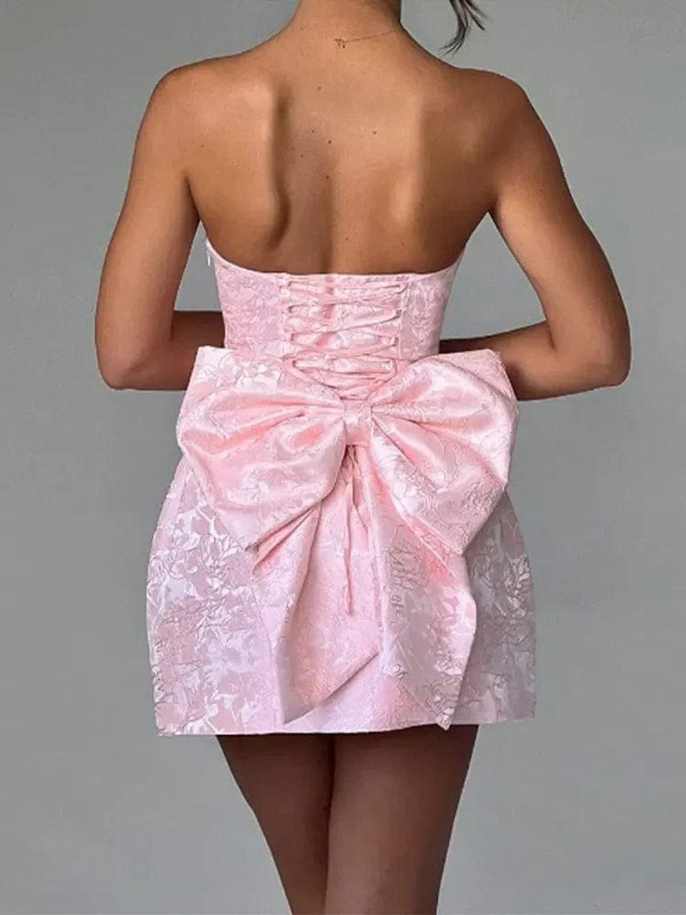 Strapless Jacquard Bow Back Fit and Flare Mini Dress