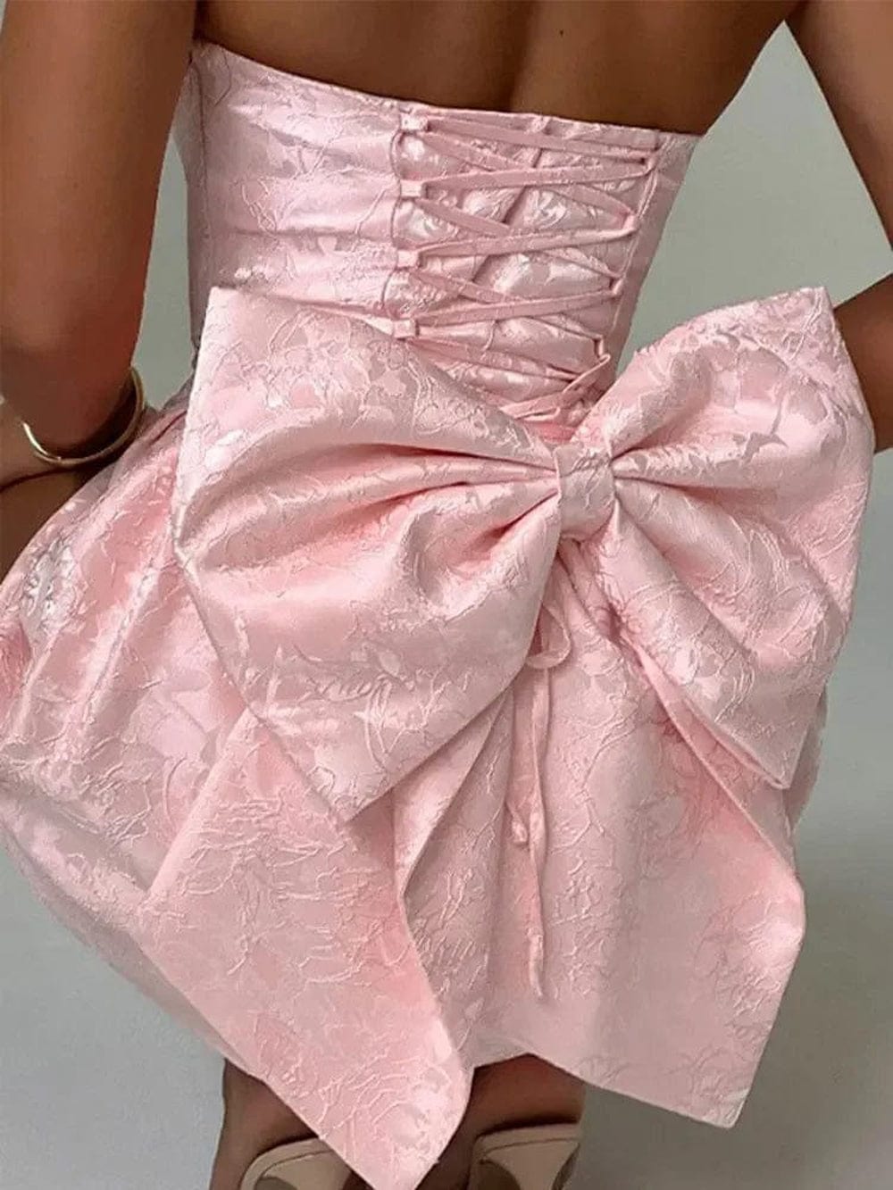 Strapless Jacquard Bow Back Fit and Flare Mini Dress
