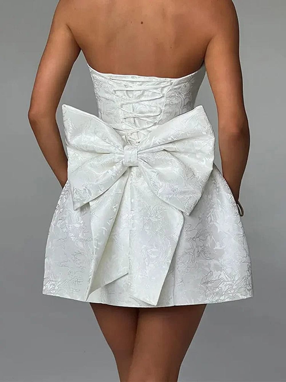 Strapless Jacquard Bow Back Fit and Flare Mini Dress