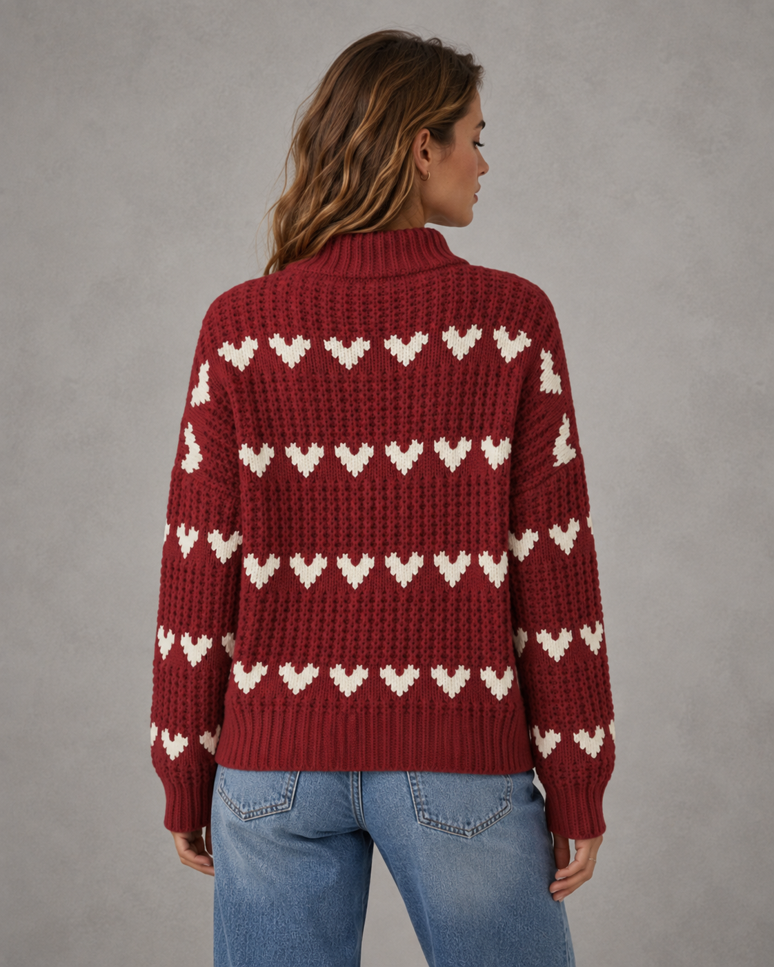 Heart Pattern Chunky Knit Mock Neck Sweater