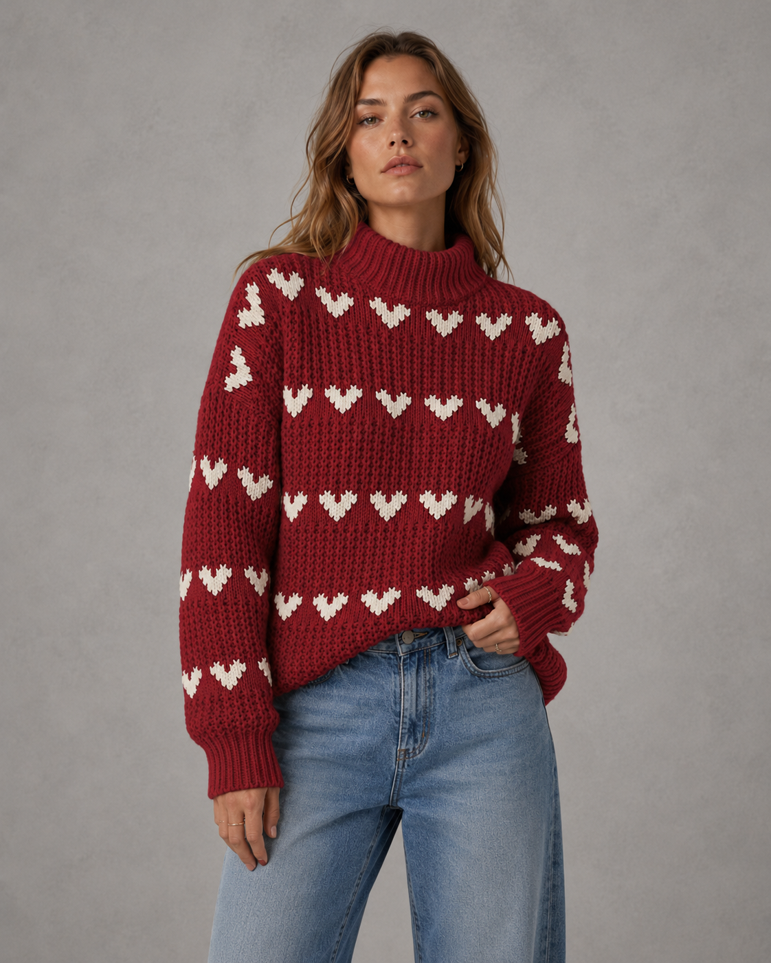 Heart Pattern Chunky Knit Mock Neck Sweater